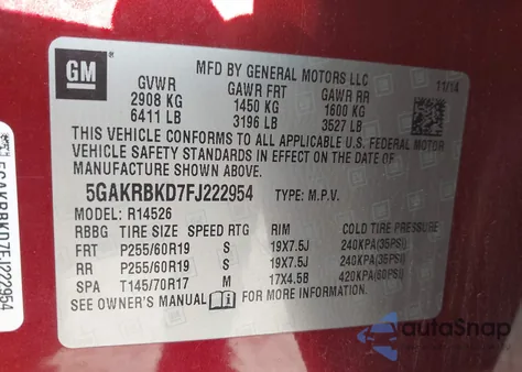 2015 Buick Enclave Leather z USA, uszkodzony, nr VIN 5GAKRBKD7FJ222954